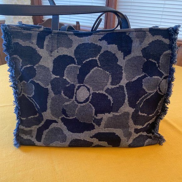 SOLD Kate Spade NY Denim Floral Print Fringe Handbag or Tote Bag Large Satchel - Picture 2 of 10